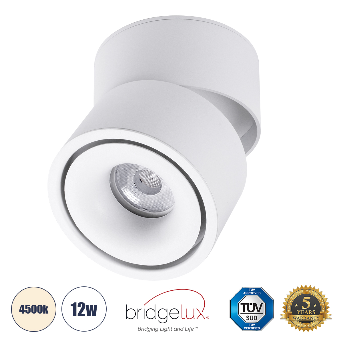 GLOBOSTAR® OMEGA-S 60298 Κινούμενο Downlight Σποτ LED 12W 1560lm 36° AC 220-240V IP20 Φυσικό Λευκό 4500K - Bridgelux COB Chip & TÜV SÜD Driver - Λευκό Ματ - Μ10 x Π10 x Υ10.5cm - 5 Χρόνια Εγγύηση - Image 2
