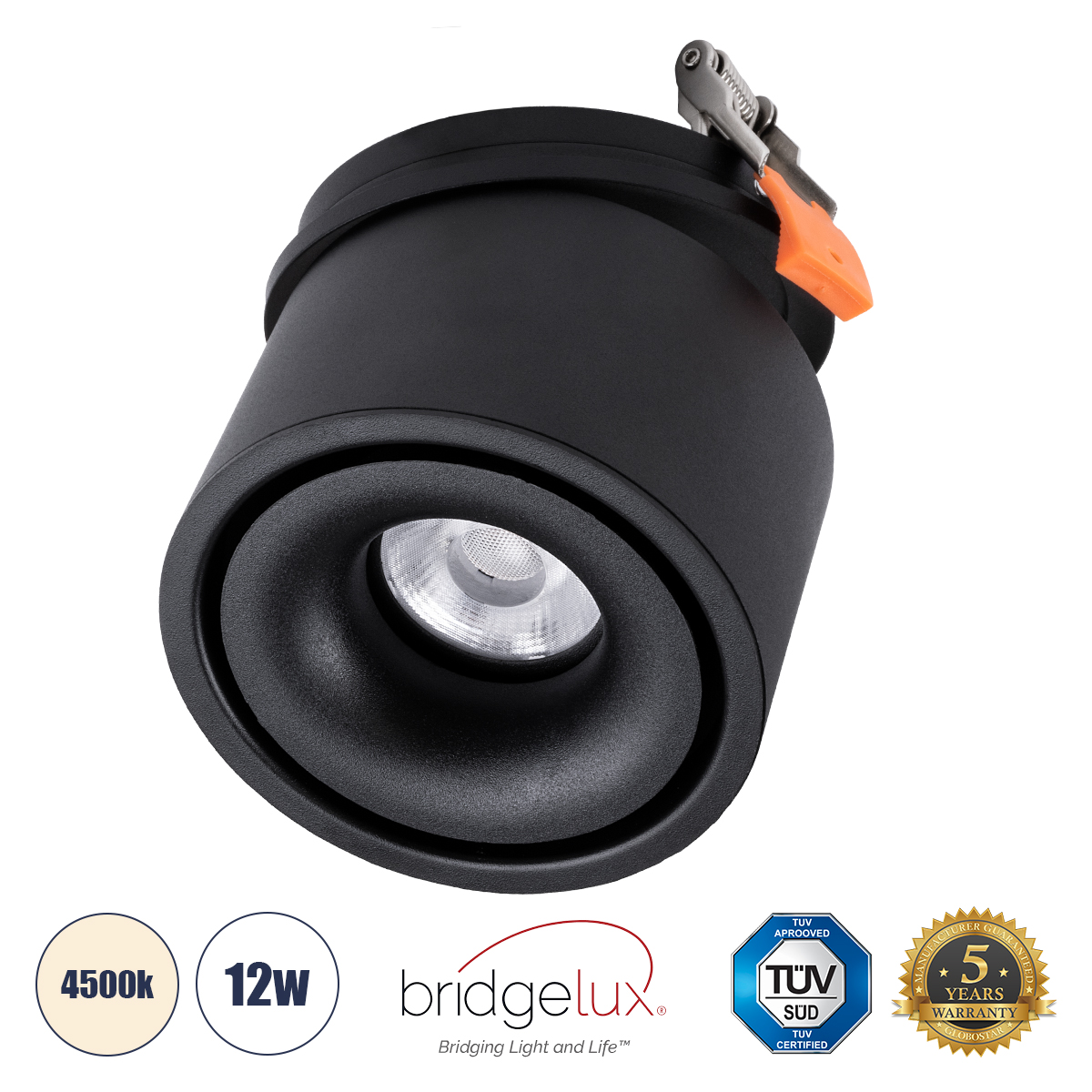 GLOBOSTAR® OMEGA-R 60296 Χωνευτό Κινούμενο Downlight Σποτ LED 12W 1560lm 36° AC 220-240V IP20 Φυσικό Λευκό 4500K - Bridgelux COB Chip & TÜV SÜD Driver - Μαύρο Ματ - Μ10 x Π10 x Υ8.2cm / Q9cm - 5 Χρόνια Εγγύηση - Image 2