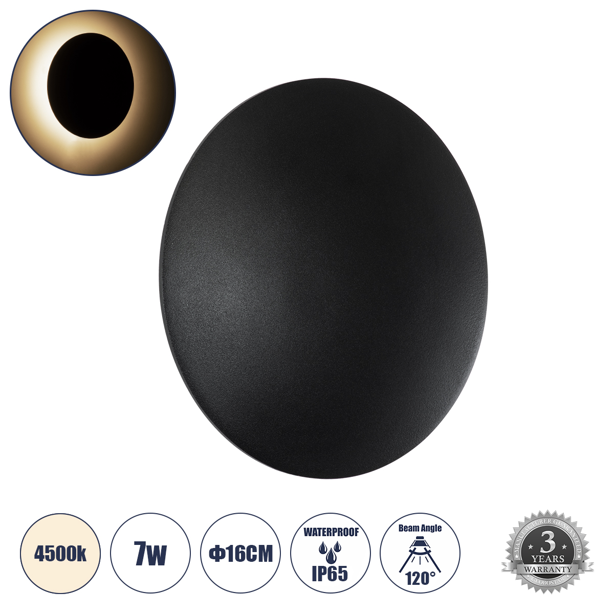 GLOBOSTAR® HELIO-R 60492 Μοντέρνο Φωτιστικό Τοίχου - Απλίκα LED 7W 840lm 120° AC 220-240V Αδιάβροχο IP65 Φυσικό Λευκό 4500K - Lumileds SMD Chip & TÜV SÜD Driver - Μαύρο Ματ - Μ16 x Π16 x Υ5cm - 5 Χρόνια Εγγύηση - Image 2