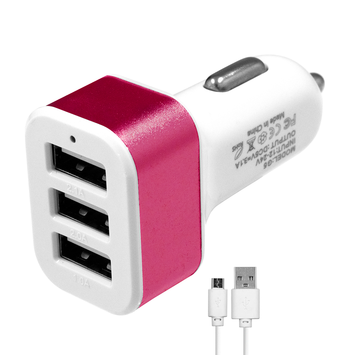Globostar® 79504 Ροζ Φορτιστής Αυτοκινήτου DC 12-24V με 3 Εξόδους USB DC 5V Max 3.1A 20W και Καλώδιο USB σε Type-C - Image 2