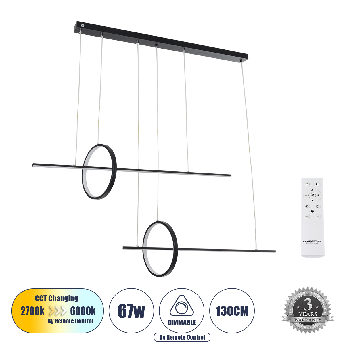 GLOBOSTAR® LINEARE 61290 Μοντέρνο Κρεμαστό Φωτιστικό Οροφής LED 67W 7504lm 300° AC 220-240V IP20 Ρυθμιζόμενο Λευκό CCT με Χειριστήριο από 2700K έως 6000K Dimmable - Lumileds SMD Chip - Μαύρο Ματ - Μ130 x Π25 x Υ60cm - 3 Χρόνια Εγγύηση - Image 2