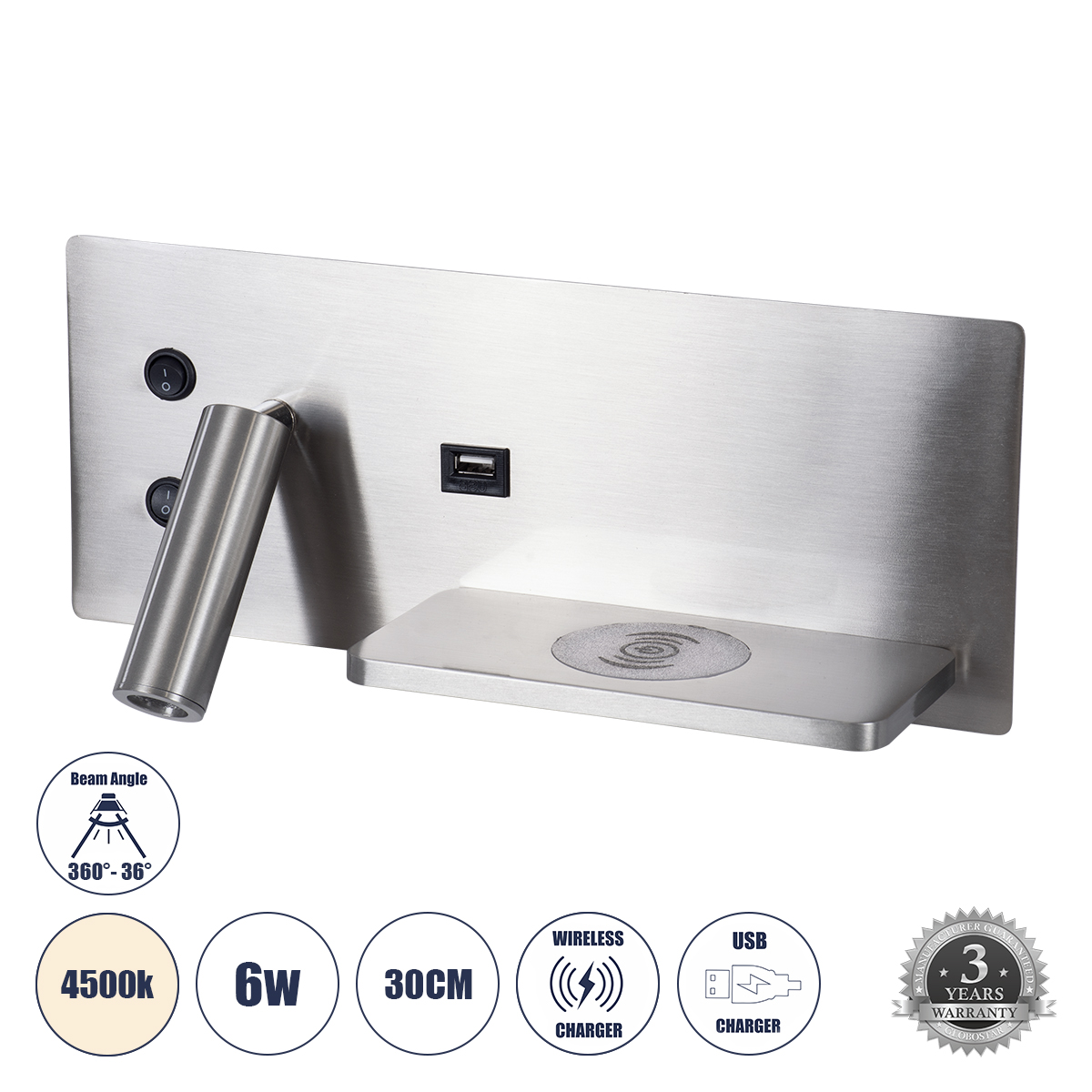 GLOBOSTAR® PALADIN 61356 Μοντέρνο Φωτιστικό Τοίχου - Απλίκα Ξενοδοχείου Reading Light με Φορτιστή USB 3A & Wireless 20W LED 6W 720lm 36° & 360° AC 220-240V IP20 Φυσικό Λευκό 4500K - Bridgelux COB Chip & TÜV SÜD Driver - Νίκελ Βούρτσας - Μ30 x Π11 x Υ12cm - 3 Χρόνια Εγγύηση - Image 2