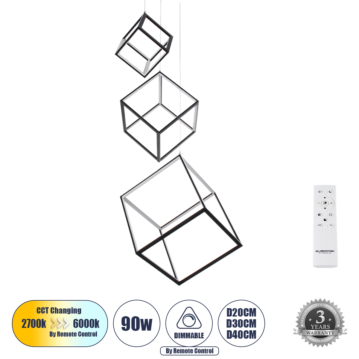 GLOBOSTAR® KIBOO-TRIO 60931 Μοντέρνο Κρεμαστό Φωτιστικό Οροφής LED 90W 10350lm 360° AC 220-240V IP20 Ρυθμιζόμενο Λευκό CCT με Χειριστήριο από 2700K έως 6000K Dimmable - Lumileds SMD Chip - Μαύρο Ματ - Μ60 x Π60 x Υ80cm - 3 Χρόνια Εγγύηση - Image 2