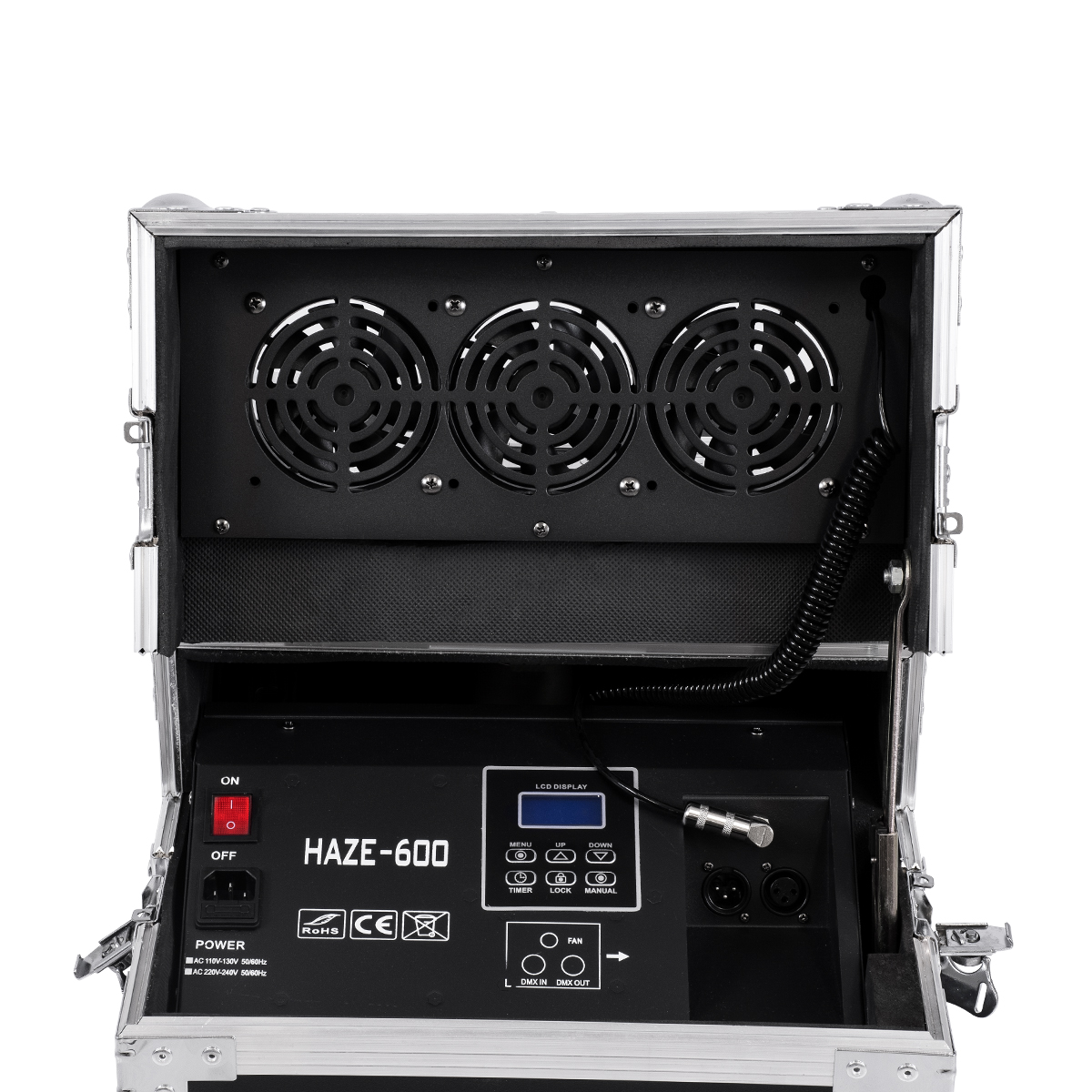 GloboStar® 51170 MERMAID Επαγγελματική Επιδαπέδια Μηχανή Double Haze Machine - Διπλού Εφέ Ομίχλης-Νέφωσης 600W AC 220V-240V DMX512 Display on Body & Ασύρματο Χειριστήριο σε Flight Case - Μαύρο - L49.5 x W38 x H45cm - Image 5