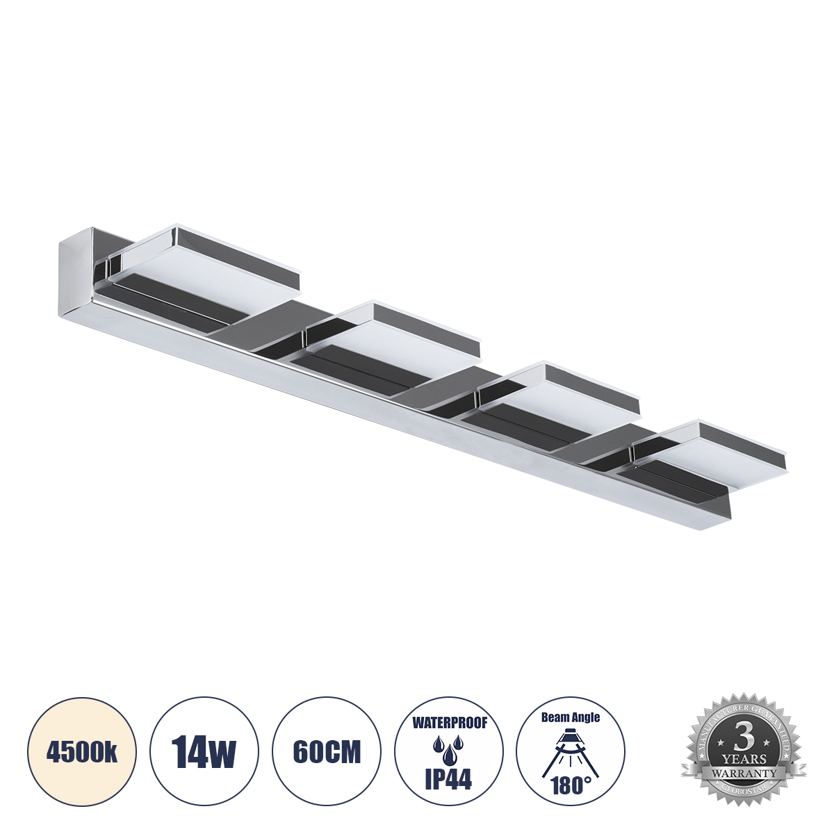 GLOBOSTAR® KARLA 60456 Μοντέρνο Φωτιστικό Τοίχου - Απλίκα Καθρέπτη Μπάνιου LED 14W 1600lm 180° AC 220-240V IP44 Φυσικό Λευκό 4500K - Lumileds SMD Chip & TÜV SÜD Driver - Νίκελ Χρώμιο - Μ60 x Π9 x Υ5cm - 3 Χρόνια Εγγύηση - Image 2