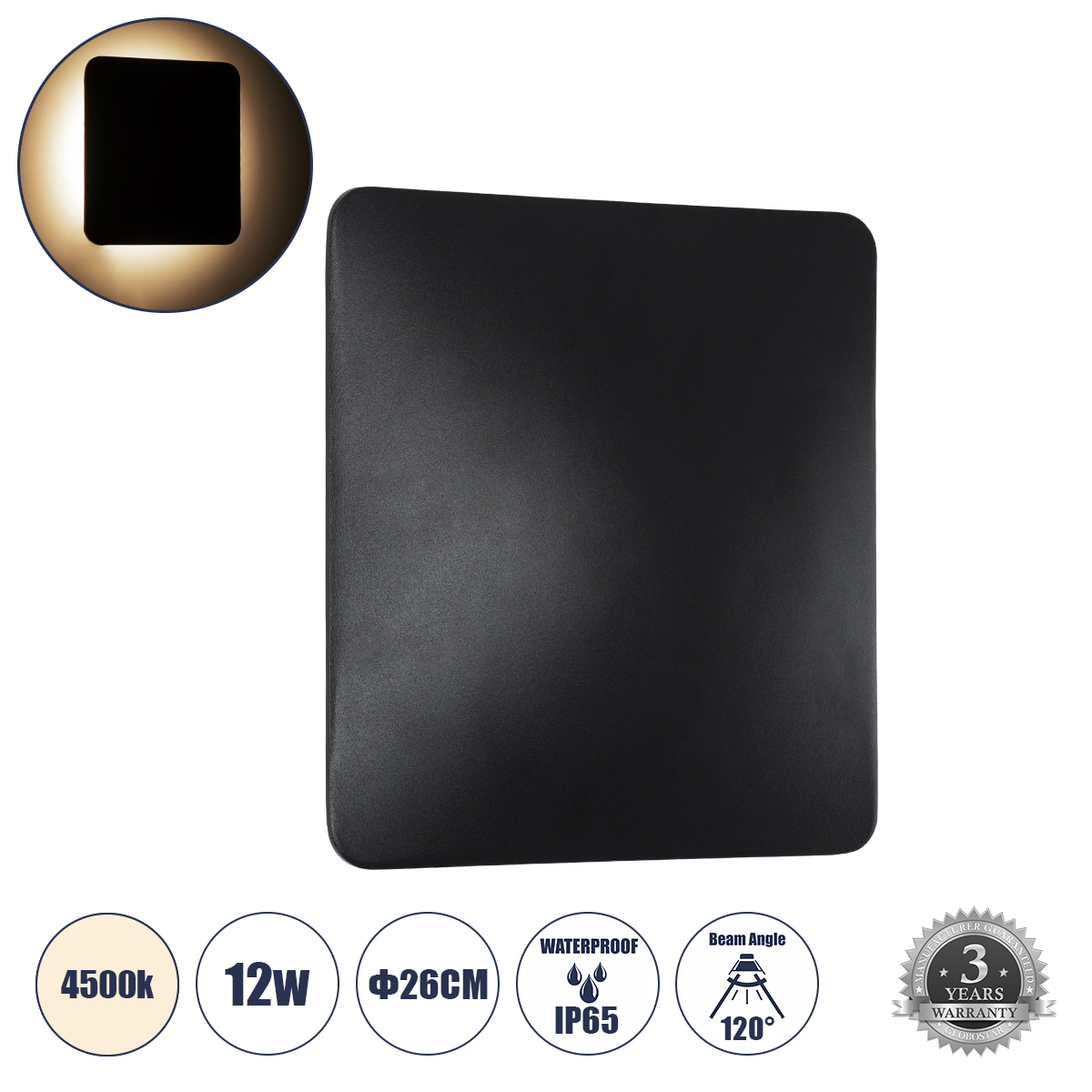 GLOBOSTAR® HELIO-S 60497 Μοντέρνο Φωτιστικό Τοίχου - Απλίκα LED 12W 1440lm 120° AC 220-240V Αδιάβροχο IP65 Φυσικό Λευκό 4500K - Lumileds SMD Chip & TÜV SÜD Driver - Μαύρο Ματ - Μ26 x Π5 x Υ26cm - 5 Χρόνια Εγγύηση - Image 2