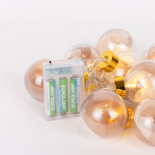 ΣΕΙΡΑ, 10 LED 5mm, ΔΙΑΚΟΣΜΗΤΙΚEΣ ΜΠΑΛΕΣ ΜΕ ΡΟΖ ΧΡΥΣΟ ΥΦΑΣΜΑ, ΜΠΑΤΑΡΙΑΣ 3ΧΑΑ, ΧΡΟΝΟΔΙΑΚΟΠΤΗ, ΘΕΡΜΟ ΛΕΥΚΟ LED ΑΝΑ 15cm,  ΔΙΑΦΑΝΟ PVC ΚΑΛΩΔΙΟ, ΠΡΟΕΚΤΑΣΗ ΠΑΡΟΧΗΣ 30cm, IP20 EUROLAMP 600-03055