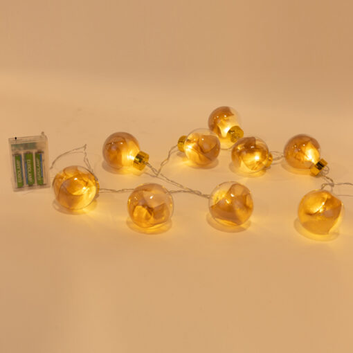 ΣΕΙΡΑ, 10 LED 5mm, ΔΙΑΚΟΣΜΗΤΙΚEΣ ΜΠΑΛΕΣ ΜΕ ΡΟΖ ΧΡΥΣΟ ΥΦΑΣΜΑ, ΜΠΑΤΑΡΙΑΣ 3ΧΑΑ, ΧΡΟΝΟΔΙΑΚΟΠΤΗ, ΘΕΡΜΟ ΛΕΥΚΟ LED ΑΝΑ 15cm,  ΔΙΑΦΑΝΟ PVC ΚΑΛΩΔΙΟ, ΠΡΟΕΚΤΑΣΗ ΠΑΡΟΧΗΣ 30cm, IP20 EUROLAMP 600-03055