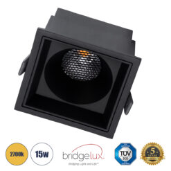GLOBOSTAR® PLUTO-B 60281 Χωνευτό Downlight Σποτ με Honeycomb Anti Glare Reflector LED 15W 1875lm 38° AC 220-240V IP20 Θερμό Λευκό 2700K - Bridgelux COB Chip & TÜV SÜD Driver - Μαύρο Ματ - Μ10.4 x Π10.4 x Υ6.5cm / Q9.5 x 9.5cm - 5 Χρόνια Εγγύηση