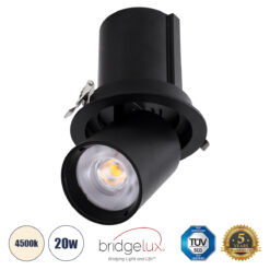 GLOBOSTAR® VIRGO-B 60312 Χωνευτό Κινούμενο Downlight Σποτ LED 20W 2600lm 36° AC 220-240V IP20 Φυσικό Λευκό 4500K - Bridgelux COB Chip & TÜV SÜD Driver - Μαύρο Ματ - Μ13.5 x Π13.5 x Υ14cm / Q11.5cm - 5 Χρόνια Εγγύηση