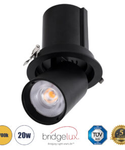 GLOBOSTAR® VIRGO-B 60313 Χωνευτό Κινούμενο Downlight Σποτ LED 20W 2500lm 36° AC 220-240V IP20 Θερμό Λευκό 2700K - Bridgelux COB Chip & TÜV SÜD Driver - Μαύρο Ματ - Μ13.5 x Π13.5 x Υ14cm / Q11.5cm - 5 Χρόνια Εγγύηση