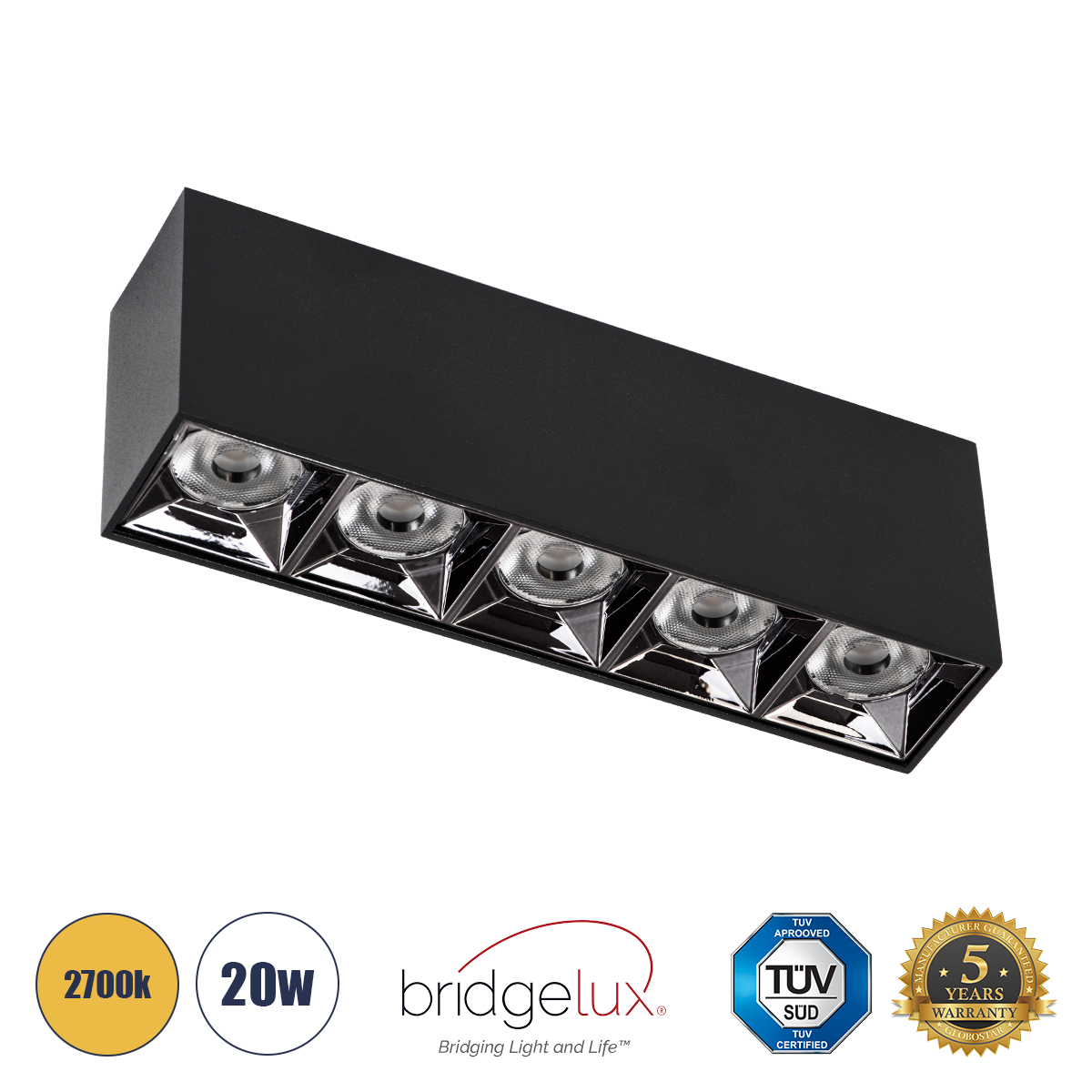 GLOBOSTAR® LUMINAR 60329 Downlight Σποτ LED 20W 2700lm 36° AC 220-240V IP20 Θερμό Λευκό 2700K - Osram SMD Chip & TÜV SÜD Driver - Μαύρο Ματ - Μ19.5 x Π4.2 x Υ6.6cm - 5 Χρόνια Εγγύηση