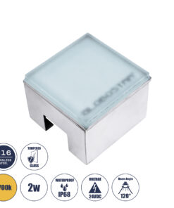 GLOBOSTAR® CYBOLITHOS 60365 Χωνευτό Αρχιτεκτονικο Φωτιστικό Σποτ Δαπέδου LED 2W 220lm 120° DC 24V Αδιάβροχο IP68 IK06 Θερμό Λευκό 2700K Dimmable - Bridgelux SMD Chip - Γαλακτερό Tempered Glass & Ανοξείδωτο Ατσάλι SS316 - Μ10 x Π10x Υ8cm / Q10 x 10cm - 3 Χρόνια Εγγύηση