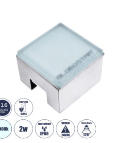 GLOBOSTAR® CYBOLITHOS 60366 Χωνευτό Αρχιτεκτονικο Φωτιστικό Σποτ Δαπέδου LED 2W 240lm 120° DC 24V Αδιάβροχο IP68 IK06 Ψυχρό Λευκό 6000K Dimmable - Bridgelux SMD Chip - Γαλακτερό Tempered Glass & Ανοξείδωτο Ατσάλι SS316 - Μ10 x Π10x Υ8cm / Q10 x 10cm - 3 Χρόνια Εγγύηση