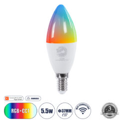 GLOBOSTAR® SMARTME 60488 Λάμπα Κεράκι E14 C37 Smart Home WiFi με Λειτουργία μέσω Tuya APP LED 5.5W 550lm 260° AC 220-240V IP20 Πολύχρωμο RGBW+WW Dimmable - Bridgelux Chip - Μ3.7 x Π3.7 x Υ11cm - 3 Χρόνια Εγγύηση