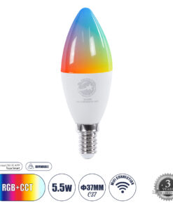 GLOBOSTAR® SMARTME 60488 Λάμπα Κεράκι E14 C37 Smart Home WiFi με Λειτουργία μέσω Tuya APP LED 5.5W 550lm 260° AC 220-240V IP20 Πολύχρωμο RGBW+WW Dimmable - Bridgelux Chip - Μ3.7 x Π3.7 x Υ11cm - 3 Χρόνια Εγγύηση