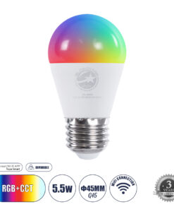 GLOBOSTAR® SMARTME 60489 Λάμπα E27 G45 Smart Home WiFi με Λειτουργία μέσω Tuya APP LED 5.5W 550lm 260° AC 220-240V IP20 Πολύχρωμο RGBW+WW Dimmable - Bridgelux Chip - Μ4.5 x Π4.5 x Υ8.8cm - 3 Χρόνια Εγγύηση