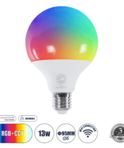 GLOBOSTAR® SMARTME 60491 Λάμπα E27 G95 Smart Home WiFi με Λειτουργία μέσω Tuya APP LED 13W 1300lm 260° AC 220-240V IP20 Πολύχρωμο RGBW+WW Dimmable - Bridgelux Chip - Μ9.5 x Π9.5 x Υ13.5cm - 3 Χρόνια Εγγύηση