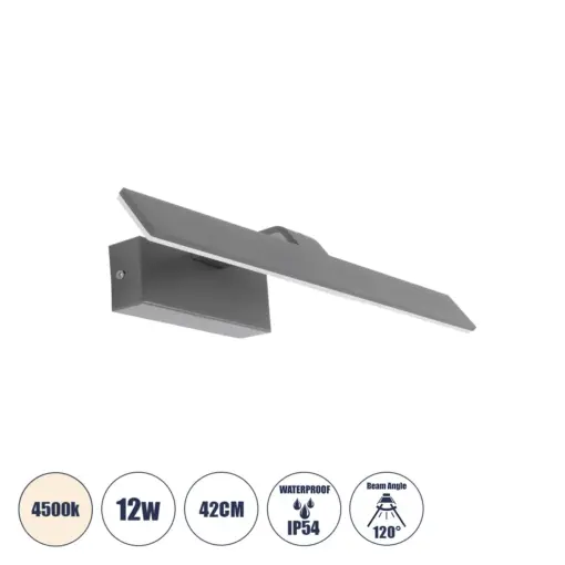 GLOBOSTAR® MIRROR 60513 Μοντέρνο Φωτιστικό Τοίχου - Απλίκα Καθρέπτη Μπάνιου LED 12W 1440lm 120° AC 220-240V IP54 Φυσικό Λευκό 4500K - Lumileds SMD Chip & TÜV SÜD Driver - Γκρι Ανθρακί Ματ - Μ42 x Π5 x Υ15cm - 2 Χρόνια Εγγύηση