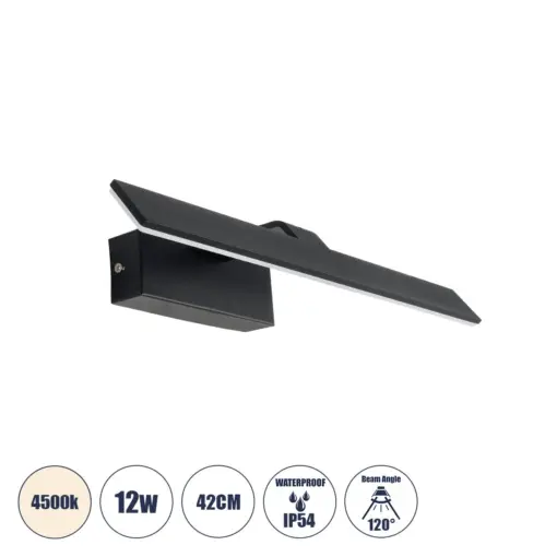 GLOBOSTAR® MIRROR 60514 Μοντέρνο Φωτιστικό Τοίχου - Απλίκα Καθρέπτη Μπάνιου LED 12W 1440lm 120° AC 220-240V IP54 Φυσικό Λευκό 4500K - Lumileds SMD Chip & TÜV SÜD Driver - Μαύρο Ματ - Μ42 x Π5 x Υ15cm - 2 Χρόνια Εγγύηση