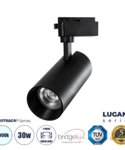 GloboStar® LUGANO 60815 Μονοφασικό Φωτιστικό Σποτ Ράγας LED 30W 3900lm 36° Acrylic HQ LENS AC 220-240V IP20 Φ7.5 x Υ22.7cm Ψυχρό Λευκό 6000K - EUROTRACK® System 1L+1N - Μαύρο - Bridgelux Chip - TÜV Certified Driver - 5 Χρόνια Εγγύηση