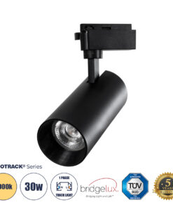 GLOBOSTAR® LUGANO 60817 Μονοφασικό Σποτ Ράγας LED 30W 3600lm 36° AC 220-240V IP20 Θερμό Λευκό 2700K - Bridgelux COB Chip & TÜV SÜD Driver - Eurotrack 1PH - Μαύρο Ματ - Μ7.5 x Π7.5 x Υ22cm - 5 Χρόνια Εγγύηση