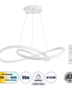GLOBOSTAR® DEXTER 60914 Μοντέρνο Κρεμαστό Φωτιστικό Οροφής LED 90W 10080lm 300° AC 220-240V IP20 Ρυθμιζόμενο Λευκό CCT με Χειριστήριο από 2700K έως 6000K Dimmable - Lumileds SMD Chip - Λευκό Ματ - Μ73 x Π73 x Υ16cm - 3 Χρόνια Εγγύηση