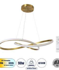 GLOBOSTAR® DEXTER 60916 Μοντέρνο Κρεμαστό Φωτιστικό Οροφής LED 90W 10080lm 300° AC 220-240V IP20 Ρυθμιζόμενο Λευκό CCT με Χειριστήριο από 2700K έως 6000K Dimmable - Lumileds SMD Chip - Σατινέ Χρυσό Βούρτσας - Μ73 x Π73 x Υ16cm - 3 Χρόνια Εγγύηση