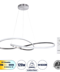 GLOBOSTAR® DEXTER 60919 Μοντέρνο Κρεμαστό Φωτιστικό Οροφής LED 120W 13440lm 300° AC 220-240V IP20 Ρυθμιζόμενο Λευκό CCT με Χειριστήριο από 2700K έως 6000K Dimmable - Lumileds SMD Chip - Νίκελ Βούρτσας - Μ103 x Π103 x Υ30cm - 3 Χρόνια Εγγύηση