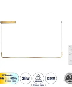 GLOBOSTAR® LINARIA 60923 Μοντέρνο Κρεμαστό Φωτιστικό Οροφής LED 36W 4150lm 180° AC 220-240V IP20 Ρυθμιζόμενο Λευκό CCT με Χειριστήριο από 2700K έως 6000K Dimmable - Lumileds SMD Chip - Χρυσό - Μ120 x Π2 x Υ10cm - 3 Χρόνια Εγγύηση