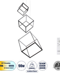 GLOBOSTAR® KIBOO-TRIO 60931 Μοντέρνο Κρεμαστό Φωτιστικό Οροφής LED 90W 10350lm 360° AC 220-240V IP20 Ρυθμιζόμενο Λευκό CCT με Χειριστήριο από 2700K έως 6000K Dimmable - Lumileds SMD Chip - Μαύρο Ματ - Μ60 x Π60 x Υ80cm - 3 Χρόνια Εγγύηση