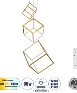 GLOBOSTAR® KIBOO-TRIO 60932 Μοντέρνο Κρεμαστό Φωτιστικό Οροφής LED 90W 10350lm 360° AC 220-240V IP20 Ρυθμιζόμενο Λευκό CCT με Χειριστήριο από 2700K έως 6000K Dimmable - Lumileds SMD Chip - Χρυσό - Μ60 x Π60 x Υ80cm - 3 Χρόνια Εγγύηση