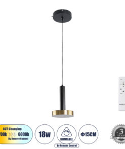 GLOBOSTAR® ZANE 60933 Μοντέρνο Κρεμαστό Φωτιστικό Οροφής LED 18W 2016lm 120° AC 220-240V IP20 Ρυθμιζόμενο Λευκό CCT με Χειριστήριο από 2700K έως 6000K Dimmable - Lumileds SMD Chip - Μαύρο Ματ & Χρυσό - Μ15 x Π15 x Υ20cm - 3 Χρόνια Εγγύηση
