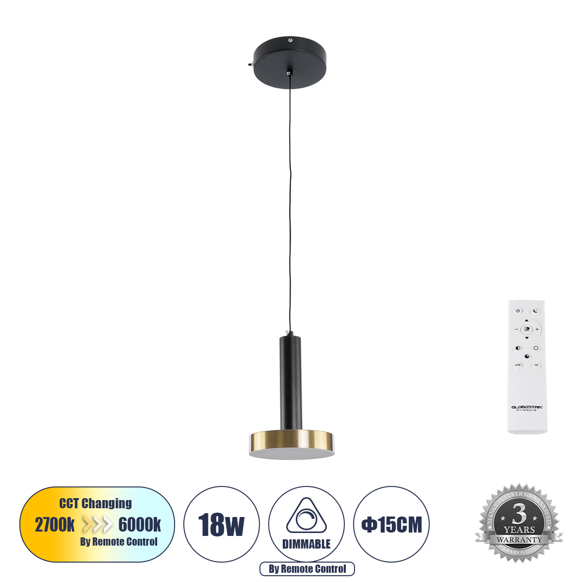 GLOBOSTAR® ZANE 60933 Μοντέρνο Κρεμαστό Φωτιστικό Οροφής LED 18W 2016lm 120° AC 220-240V IP20 Ρυθμιζόμενο Λευκό CCT με Χειριστήριο από 2700K έως 6000K Dimmable - Lumileds SMD Chip - Μαύρο Ματ & Χρυσό - Μ15 x Π15 x Υ20cm - 3 Χρόνια Εγγύηση
