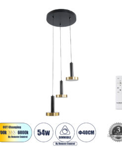 GLOBOSTAR® ZANE 60934 Μοντέρνο Κρεμαστό Φωτιστικό Οροφής LED 54W 6048lm 120° AC 220-240V IP20 Ρυθμιζόμενο Λευκό CCT με Χειριστήριο από 2700K έως 6000K Dimmable - Lumileds SMD Chip - Μαύρο Ματ & Χρυσό - Μ40 x Π40 x Υ20cm - 3 Χρόνια Εγγύηση