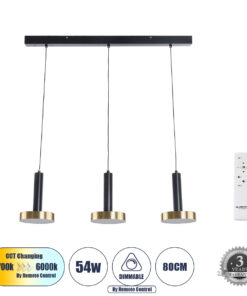 GLOBOSTAR® ZANE 60936 Μοντέρνο Κρεμαστό Φωτιστικό Οροφής LED 54W 6048lm 120° AC 220-240V IP20 Ρυθμιζόμενο Λευκό CCT με Χειριστήριο από 2700K έως 6000K Dimmable - Lumileds SMD Chip - Μαύρο Ματ & Χρυσό - Μ80 x Π15 x Υ20cm - 3 Χρόνια Εγγύηση