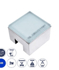 GLOBOSTAR® CYBOLITHOS 60946 Χωνευτό Αρχιτεκτονικο Φωτιστικό Σποτ Δαπέδου LED 2W 170lm 120° DC 24V Αδιάβροχο IP68 IK06 Μπλε Dimmable - Bridgelux SMD Chip - Γαλακτερό Tempered Glass & Ανοξείδωτο Ατσάλι SS316 - Μ10 x Π10x Υ8cm / Q10 x 10cm - 3 Χρόνια Εγγύηση