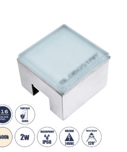 GLOBOSTAR® CYBOLITHOS 60947 Χωνευτό Αρχιτεκτονικο Φωτιστικό Σποτ Δαπέδου LED 2W 230lm 120° DC 24V Αδιάβροχο IP68 IK06 Φυσικό Λευκό 4500K Dimmable - Bridgelux SMD Chip - Γαλακτερό Tempered Glass & Ανοξείδωτο Ατσάλι SS316 - Μ10 x Π10x Υ8cm / Q10 x 10cm - 3 Χρόνια Εγγύηση