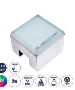 GLOBOSTAR® CYBOLITHOS 60948 Χωνευτό Αρχιτεκτονικο Φωτιστικό Σποτ Δαπέδου LED 2W 170lm 120° DC 24V Αδιάβροχο IP68 IK06 Πολύχρωμο RGB Dimmable DMX512 - Bridgelux SMD Chip - Γαλακτερό Tempered Glass & Ανοξείδωτο Ατσάλι SS316 - Μ10 x Π10x Υ8cm / Q10 x 10cm - 3 Χρόνια Εγγύηση
