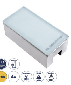 GLOBOSTAR® CYBOLITHOS 60949 Χωνευτό Αρχιτεκτονικο Φωτιστικό Σποτ Δαπέδου LED 4W 440lm 120° DC 24V Αδιάβροχο IP68 IK06 Θερμό Λευκό 2700K Dimmable - Bridgelux SMD Chip - Γαλακτερό Tempered Glass & Ανοξείδωτο Ατσάλι SS316 - Μ20 x Π10x Υ8cm / Q20 x 10cm - 3 Χρόνια Εγγύηση