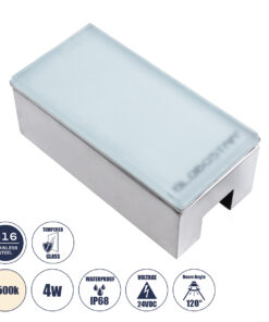 GLOBOSTAR® CYBOLITHOS 60950 Χωνευτό Αρχιτεκτονικο Φωτιστικό Σποτ Δαπέδου LED 4W 460lm 120° DC 24V Αδιάβροχο IP68 IK06 Φυσικό Λευκό 4500K Dimmable - Bridgelux SMD Chip - Γαλακτερό Tempered Glass & Ανοξείδωτο Ατσάλι SS316 - Μ20 x Π10x Υ8cm / Q20 x 10cm - 3 Χρόνια Εγγύηση