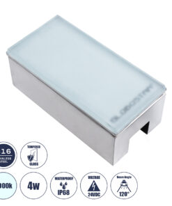 GLOBOSTAR® CYBOLITHOS 60951 Χωνευτό Αρχιτεκτονικο Φωτιστικό Σποτ Δαπέδου LED 4W 480lm 120° DC 24V Αδιάβροχο IP68 IK06 Ψυχρό Λευκό 6000K Dimmable - Bridgelux SMD Chip - Γαλακτερό Tempered Glass & Ανοξείδωτο Ατσάλι SS316 - Μ20 x Π10x Υ8cm / Q20 x 10cm - 3 Χρόνια Εγγύηση