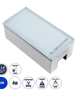 GLOBOSTAR® CYBOLITHOS 60952 Χωνευτό Αρχιτεκτονικο Φωτιστικό Σποτ Δαπέδου LED 4W 340lm 120° DC 24V Αδιάβροχο IP68 IK06 Μπλε Dimmable - Bridgelux SMD Chip - Γαλακτερό Tempered Glass & Ανοξείδωτο Ατσάλι SS316 - Μ20 x Π10x Υ8cm / Q20 x 10cm - 3 Χρόνια Εγγύηση