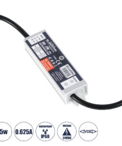 GloboStar® 60960 Αδιάβροχο Τροφοδοτικό SELV για Προϊόντα Φωτισμού LED 15W 0.625A - AC 220-240V σε DC 24V με 1.2m VDE Καλώδιο Παροχής & Εξόδου Τροφοδοσίας - Αδιάβροχο IP68 - M12 x W3 x H2cm - 3 Χρόνια Εγγύηση