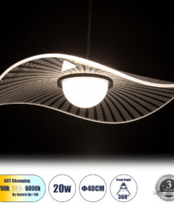 GLOBOSTAR® ACRYLICA 60974 Μοντέρνο Κρεμαστό Φωτιστικό Οροφής LED 20W 2240lm 360° AC 220-240V IP20 Ρυθμιζόμενο Λευκό CCT με On/Off 2700K/4500K/6000K - Lumileds SMD Chip - Διάφανο & Μαύρο Ματ - Μ40 x Π40 x Υ6.5cm - 3 Χρόνια Εγγύηση