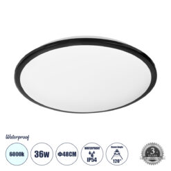 GLOBOSTAR® TUFFIN 60998 Φωτιστικό Πλαφονιέρα Οροφής LED 36W 4140lm 120° AC 220-240V Αδιάβροχο IP54 Ψυχρό Λευκό 6000K - Lumileds SMD Chip - Μαύρο Ματ & Λευκό Γαλακτερό - Μ48 x Π48 x Υ6.5cm - 3 Χρόνια Εγγύηση