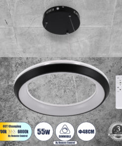 GLOBOSTAR® MELINA 61043 Μοντέρνο Κρεμαστό Φωτιστικό Οροφής LED 55W 6376lm 120° AC 220-240V IP20 Ρυθμιζόμενο Λευκό CCT με Χειριστήριο από 2700K έως 6000K Dimmable - Lumileds SMD Chip - Μαύρο Ματ - Μ48 x Π48 x Υ6.5cm - 3 Χρόνια Εγγύηση