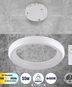 GLOBOSTAR® MELINA 61044 Μοντέρνο Κρεμαστό Φωτιστικό Οροφής LED 55W 6376lm 120° AC 220-240V IP20 Ρυθμιζόμενο Λευκό CCT με Χειριστήριο από 2700K έως 6000K Dimmable - Lumileds SMD Chip - Λευκό Ματ - Μ48 x Π48 x Υ6.5cm - 3 Χρόνια Εγγύηση