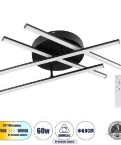 GLOBOSTAR® DRACO 61095 Μοντέρνο Φωτιστικό Οροφής LED 60W 7380lm 120° AC 220-240V IP20 Ρυθμιζόμενο Λευκό CCT με Χειριστήριο από 2700K έως 6000K Dimmable - Lumileds SMD Chip - Μαύρο Ματ - Μ60 x Π60 x Υ11cm - 3 Χρόνια Εγγύηση