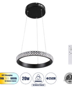 GLOBOSTAR® DIAMOND 61126 Μοντέρνο Κρεμαστό Φωτιστικό Οροφής LED 20W 2356lm 360° AC 220-240V IP20 Ρυθμιζόμενο Λευκό CCT με Χειριστήριο από 2700K έως 6000K Dimmable - Lumileds SMD Chip - Μαύρο Ματ - Μ25 x Π25 x Υ3cm - 3 Χρόνια Εγγύηση